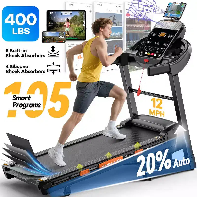 Tapis de course pliable avec inclinaison à 20 %, vitesse rapide de 19 km/h, puissance de 5,1 CV, 105 programmes pour la course et la marche à domicile, tapis de course de 180 kg avec application connectée, ceinture plus large