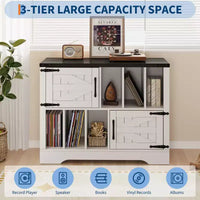 39Meuble de rangement pour tourne-disque, grand meuble de rangement pour vinyles en bois de style ferme pouvant contenir jusqu'à 450 albums avec portes de grange, table de tourne-disque pour salon ou chambre à coucher