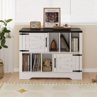 39Meuble de rangement pour tourne-disque, grand meuble de rangement pour vinyles en bois de style ferme pouvant contenir jusqu'à 450 albums avec portes de grange, table de tourne-disque pour salon ou chambre à coucher