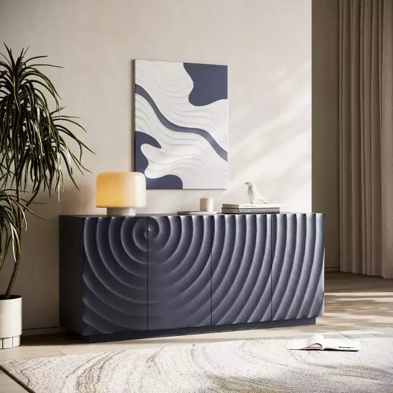 Buffet spiral moderne 59", meuble de rangement d'entrée art bas profil avec portes à texture ondulée 3D - Panipeachy