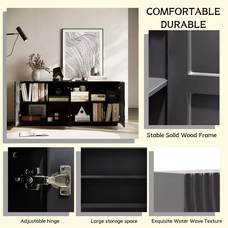 Buffet spiral moderne 59", meuble de rangement d'entrée art bas profil avec portes à texture ondulée 3D - Panipeachy