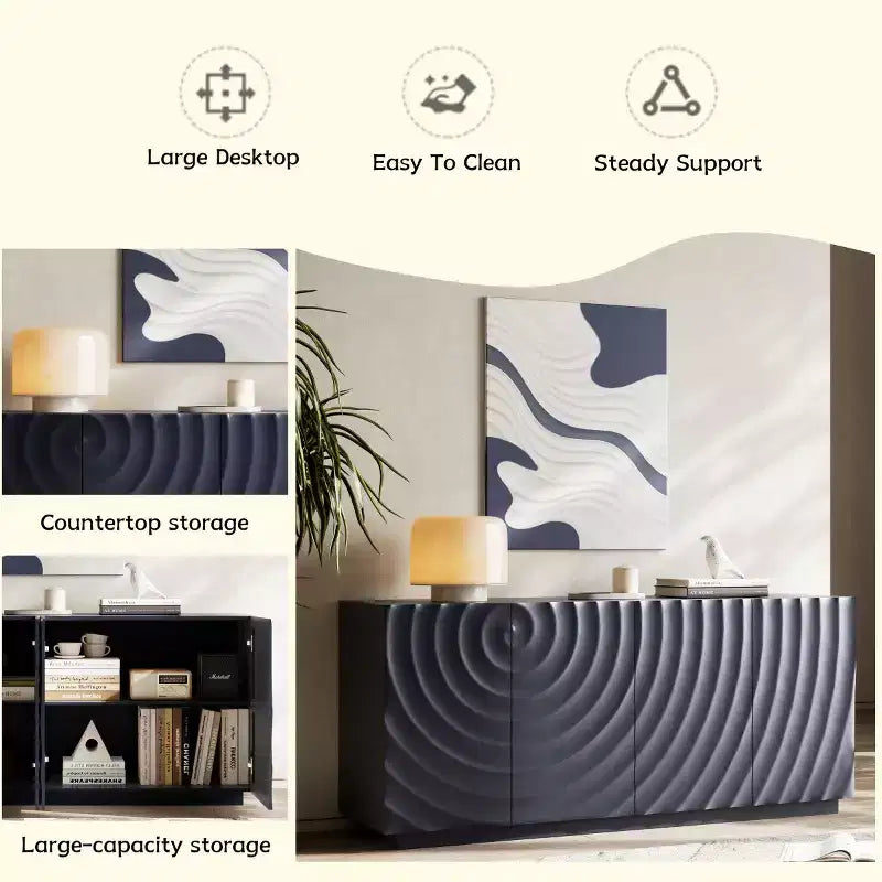 Buffet spiral moderne 59", meuble de rangement d'entrée art bas profil avec portes à texture ondulée 3D - Panipeachy