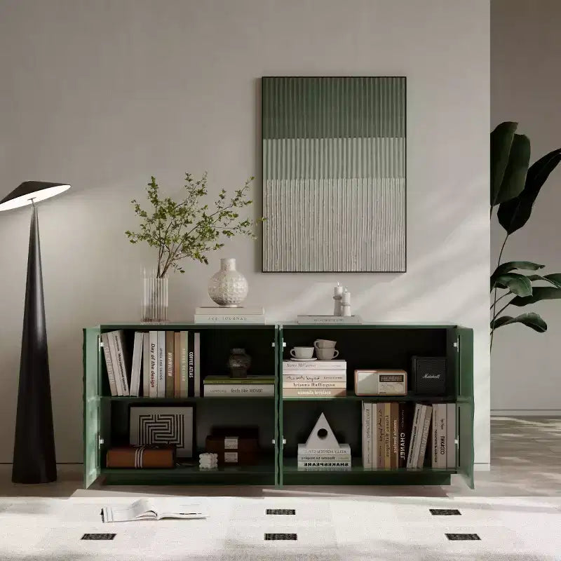 Buffet spiral moderne 59", meuble de rangement d'entrée art bas profil avec portes à texture ondulée 3D - Panipeachy