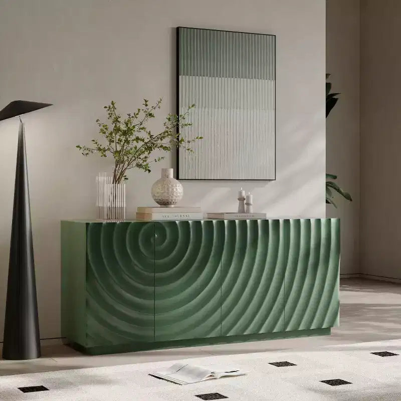 Buffet spiral moderne 59", meuble de rangement d'entrée art bas profil avec portes à texture ondulée 3D - Panipeachy