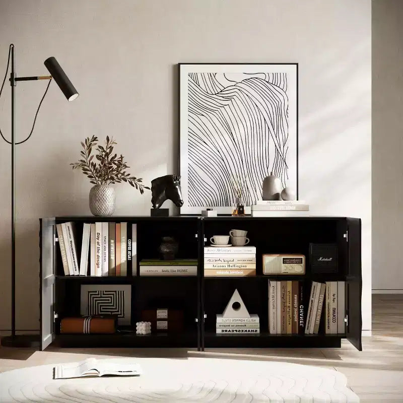 Buffet spiral moderne 59", meuble de rangement d'entrée art bas profil avec portes à texture ondulée 3D - Panipeachy
