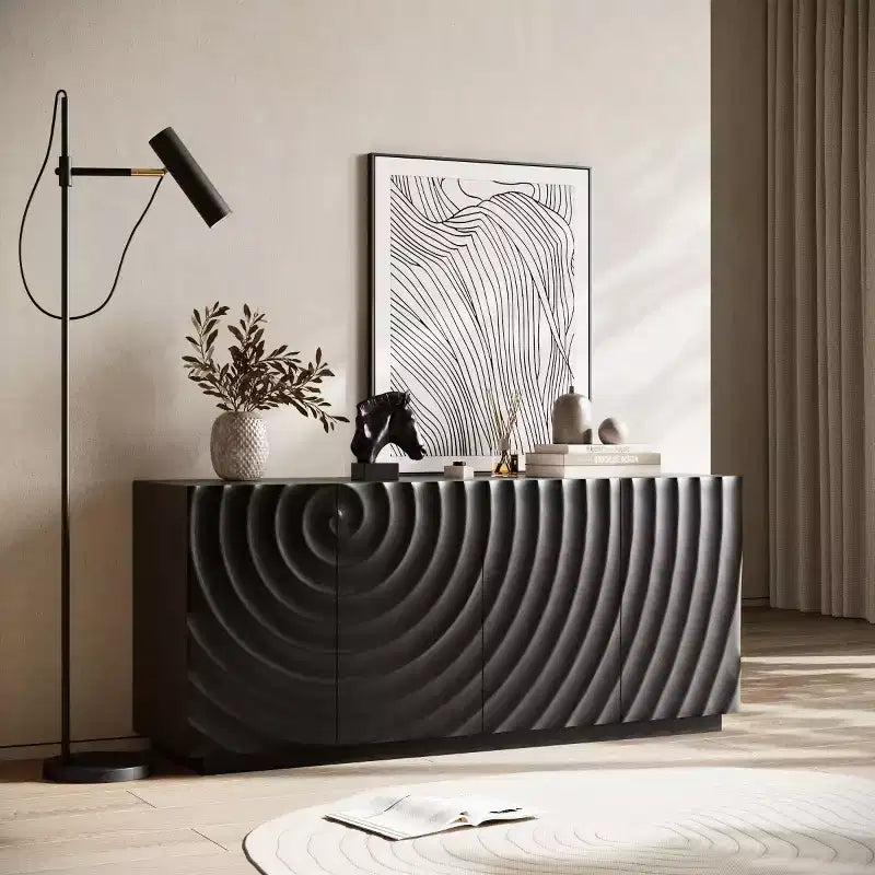 Buffet spiral moderne 59", meuble de rangement d'entrée art bas profil avec portes à texture ondulée 3D - Panipeachy
