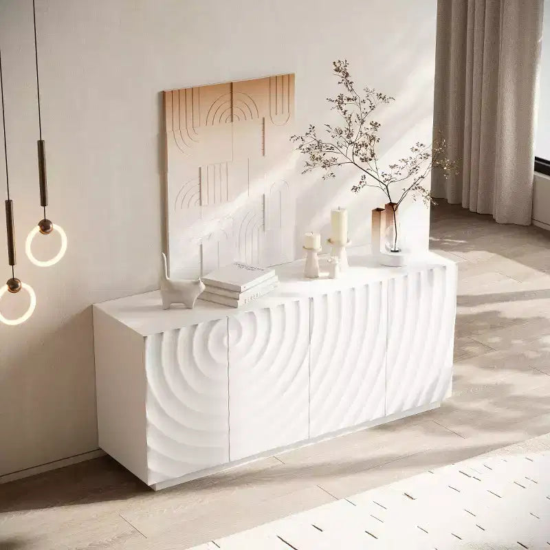 Buffet spiral moderne 59", meuble de rangement d'entrée art bas profil avec portes à texture ondulée 3D - Panipeachy