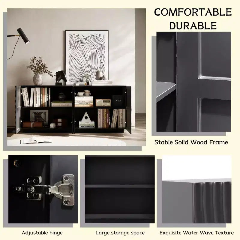 Buffet spiral moderne 59", meuble de rangement d'entrée art bas profil avec portes à texture ondulée 3D - Panipeachy