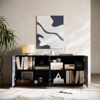 Buffet spiral moderne 59", meuble de rangement d'entrée art bas profil avec portes à texture ondulée 3D - Panipeachy