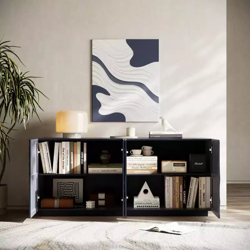Buffet spiral moderne 59", meuble de rangement d'entrée art bas profil avec portes à texture ondulée 3D - Panipeachy