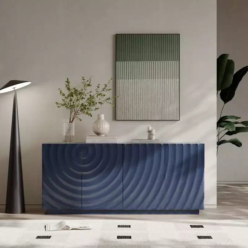 Buffet spiral moderne 59", meuble de rangement d'entrée art bas profil avec portes à texture ondulée 3D - Panipeachy