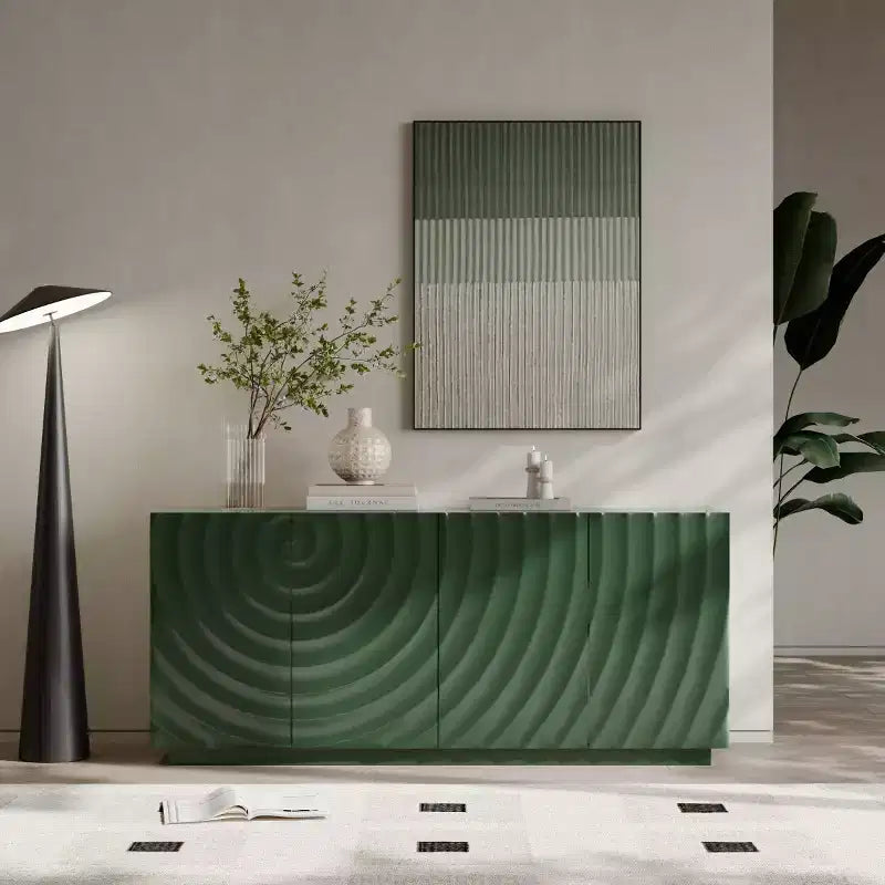 Buffet spiral moderne 59", meuble de rangement d'entrée art bas profil avec portes à texture ondulée 3D - Panipeachy