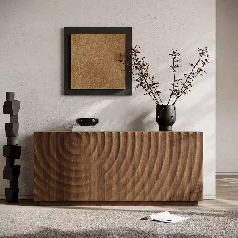 59 Buffet de buffet latéral en spirale moderne, meuble de rangement d'entrée d'art à profil bas avec portes texturées à ondulations 3D - Panipeachy