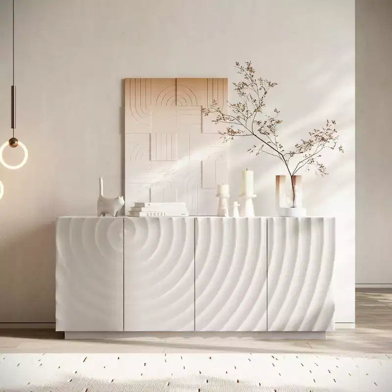 Buffet spiral moderne 59", meuble de rangement d'entrée art bas profil avec portes à texture ondulée 3D - Panipeachy