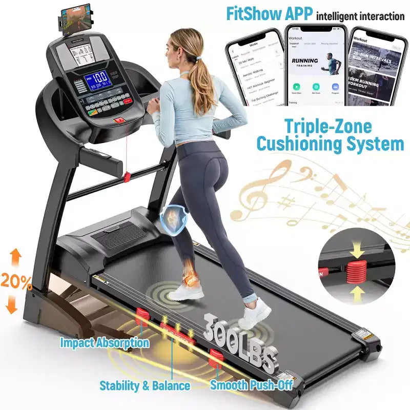 Tapis de course pliable avec inclinaison automatique, vitesse de 0,6 à 12 MPH, moteur haute performance, surface de course à 7 couches, capacité de 145 kg pour les entraînements à domicile et en appartement