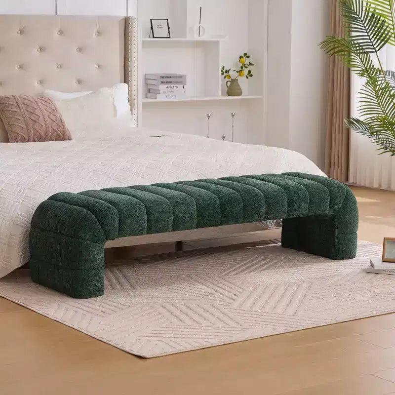Okak Banc de lit sans accoudoirs moderne 69,7" capitonné à canaux, pouf repose-pieds en chenille, banc d'entrée pour salon, chambre