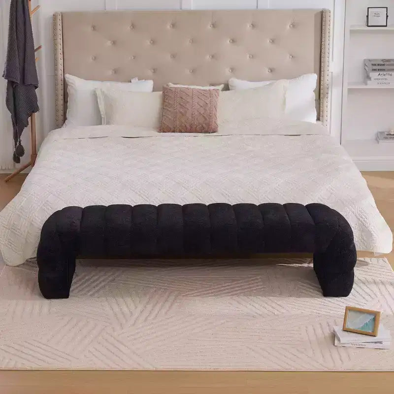Okak Banc de lit sans accoudoirs moderne 69,7" capitonné à canaux, pouf repose-pieds en chenille, banc d'entrée pour salon, chambre