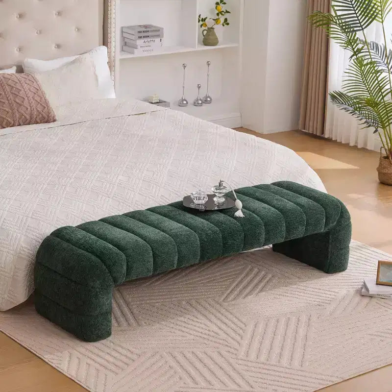 Okak Banc de lit sans accoudoirs moderne 69,7" capitonné à canaux, pouf repose-pieds en chenille, banc d'entrée pour salon, chambre