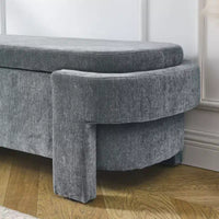 Banc de rangement ottoman ovale Okak avec grand espace de rangement, banc de rangement avec pieds décoratifs en bois et coussins en lin, banc d'entrée