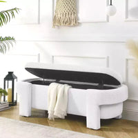 Banc de rangement ottoman ovale Okak avec grand espace de rangement, banc de rangement avec pieds décoratifs en bois et coussins en lin, banc d'entrée