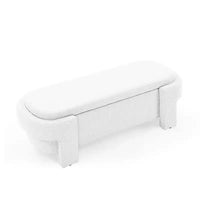 Banc de rangement ottoman ovale Okak avec grand espace de rangement, banc de rangement avec pieds décoratifs en bois et coussins en lin, banc d'entrée