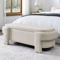 Banc de rangement ottoman ovale Okak avec grand espace de rangement, banc de rangement avec pieds décoratifs en bois et coussins en lin, banc d'entrée