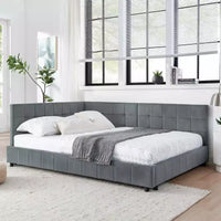 MAYEERTY Cadre de lit Full rembourré et capitonné avec dossier confortable et accoudoirs pour chambre, salon, gris