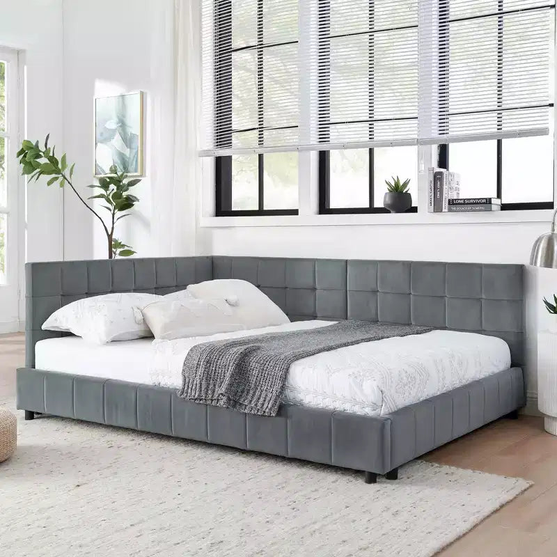 MAYEERTY Cadre de lit Full rembourré et capitonné avec dossier confortable et accoudoirs pour chambre, salon, gris