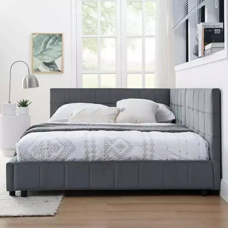 MAYEERTY Cadre de lit Full rembourré et capitonné avec dossier confortable et accoudoirs pour chambre, salon, gris