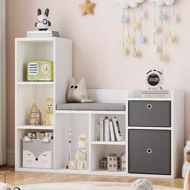 Bibliothèque pour enfants, bibliothèque maison de poupée, coin lecture avec assise, meuble organiseur de rangement 6 casiers avec tiroirs pour salle de jeux, chambre