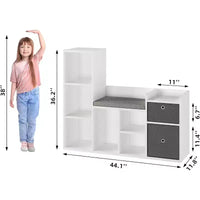 Bibliothèque pour enfants, bibliothèque maison de poupée, coin lecture avec assise, meuble organiseur de rangement 6 casiers avec tiroirs pour salle de jeux, chambre