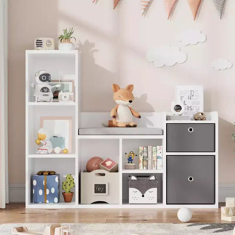 Bibliothèque pour enfants, bibliothèque maison de poupée, coin lecture avec assise, meuble organiseur de rangement 6 casiers avec tiroirs pour salle de jeux, chambre