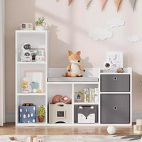 Bibliothèque pour enfants, bibliothèque maison de poupée, coin lecture avec assise, meuble organiseur de rangement 6 casiers avec tiroirs pour salle de jeux, chambre