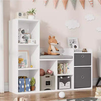 Bibliothèque pour enfants, bibliothèque maison de poupée, coin lecture avec assise, meuble organiseur de rangement 6 casiers avec tiroirs pour salle de jeux, chambre