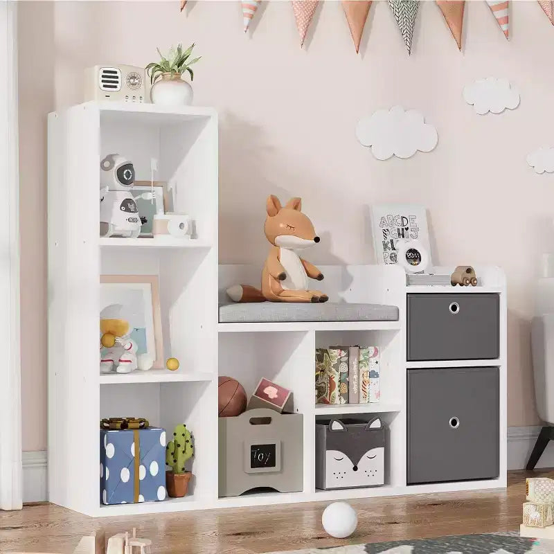 Bibliothèque pour enfants, bibliothèque maison de poupée, coin lecture avec assise, meuble organiseur de rangement 6 casiers avec tiroirs pour salle de jeux, chambre