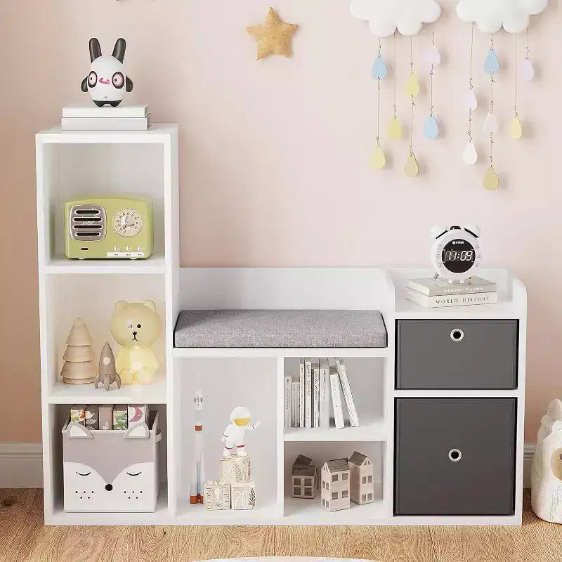 Bibliothèque pour enfants, bibliothèque maison de poupée, coin lecture avec assise, meuble organiseur de rangement 6 casiers avec tiroirs pour salle de jeux, chambre