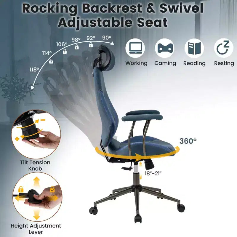 Chaise de bureau ergonomique Costway avec appui-tête 2D, dossier inclinable et roulettes, chaise de jeu bleue/marron et beige/grise et bleue