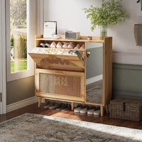 Meuble à chaussures dissimulé en rotin naturel | Miroir + étagères réglables, 2 tiroirs basculants pour salon, entrée, couloir