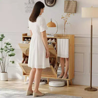 Meuble à chaussures dissimulé en rotin naturel | Miroir + étagères réglables, 2 tiroirs basculants pour salon, entrée, couloir