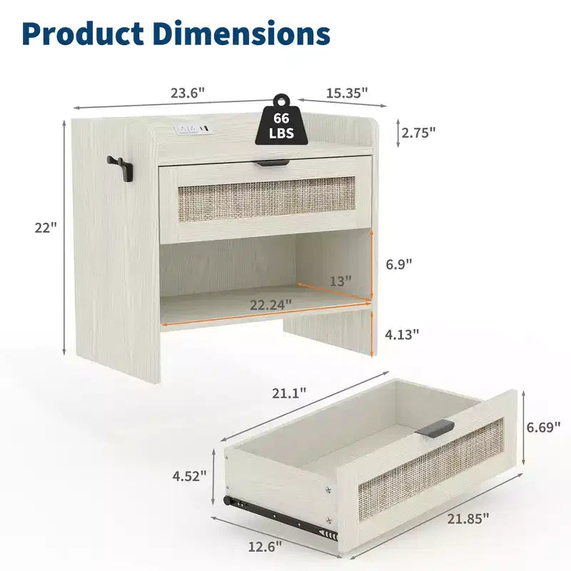 Lot de 2 tables de chevet en rotin avec station de recharge, table de nuit boho avec tiroir et étagère ouverte pour chambre, salon et bureau