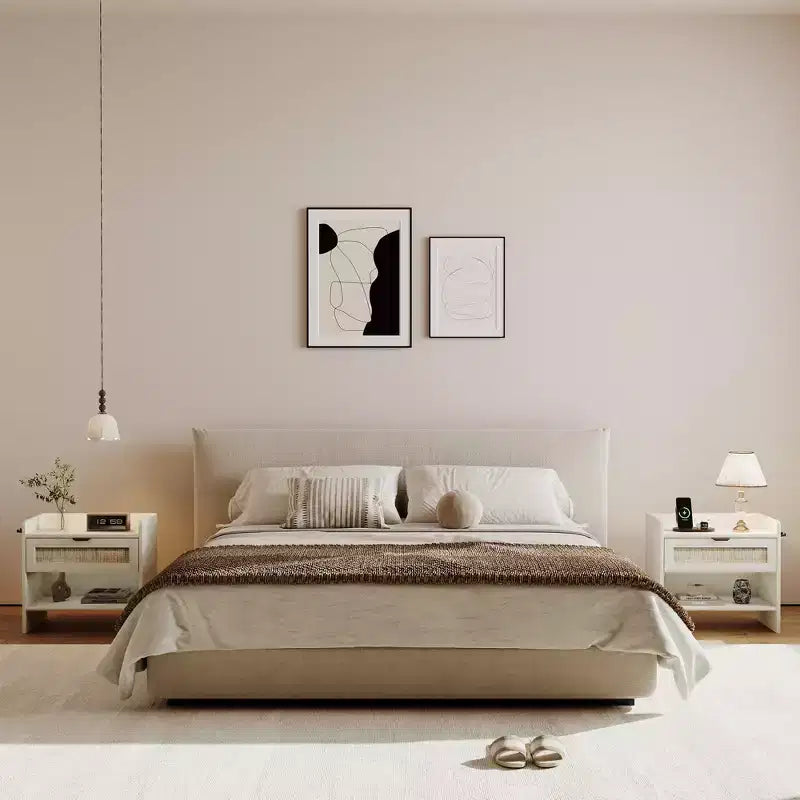 Lot de 2 tables de chevet en rotin avec station de recharge, table de nuit boho avec tiroir et étagère ouverte pour chambre, salon et bureau