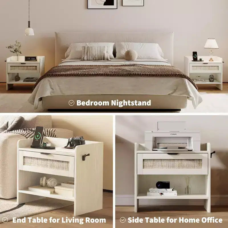 Lot de 2 tables de chevet en rotin avec station de recharge, table de nuit boho avec tiroir et étagère ouverte pour chambre, salon et bureau