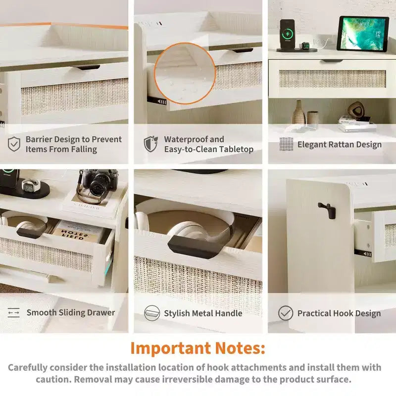 Lot de 2 tables de chevet en rotin avec station de recharge, table de nuit boho avec tiroir et étagère ouverte pour chambre, salon et bureau