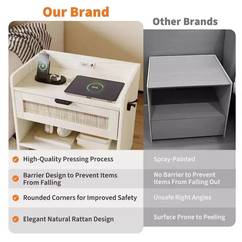 Lot de 2 tables de chevet en rotin avec station de recharge, table de nuit boho avec tiroir et étagère ouverte pour chambre, salon et bureau