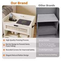 Lot de 2 tables de chevet en rotin avec station de recharge, table de nuit boho avec tiroir et étagère ouverte pour chambre, salon et bureau