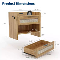 Lot de 2 tables de chevet en rotin avec station de recharge, table de nuit boho avec tiroir et étagère ouverte pour chambre, salon et bureau
