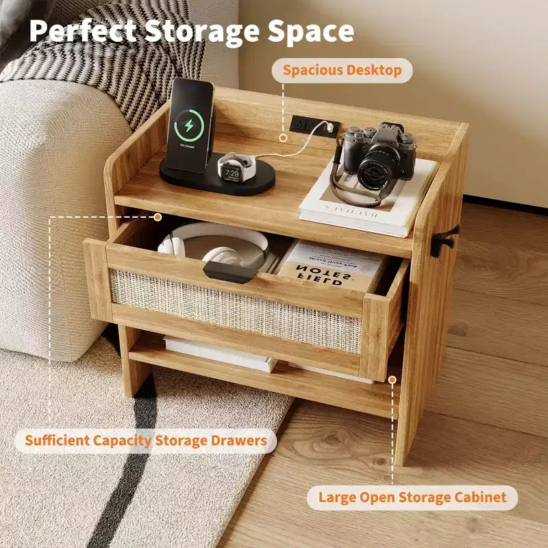 Lot de 2 tables de chevet en rotin avec station de recharge, table de nuit boho avec tiroir et étagère ouverte pour chambre, salon et bureau