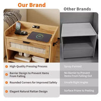 Lot de 2 tables de chevet en rotin avec station de recharge, table de nuit boho avec tiroir et étagère ouverte pour chambre, salon et bureau