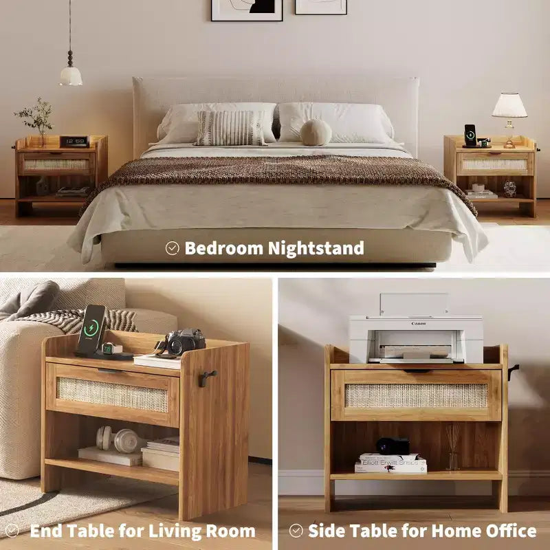 Lot de 2 tables de chevet en rotin avec station de recharge, table de nuit boho avec tiroir et étagère ouverte pour chambre, salon et bureau