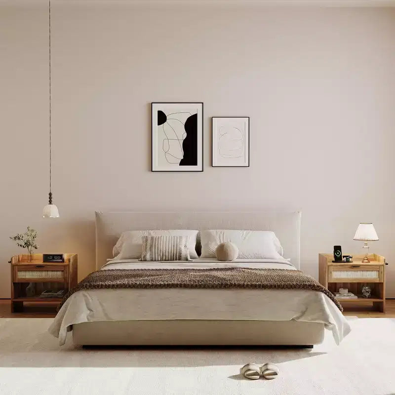 Lot de 2 tables de chevet en rotin avec station de recharge, table de nuit boho avec tiroir et étagère ouverte pour chambre, salon et bureau